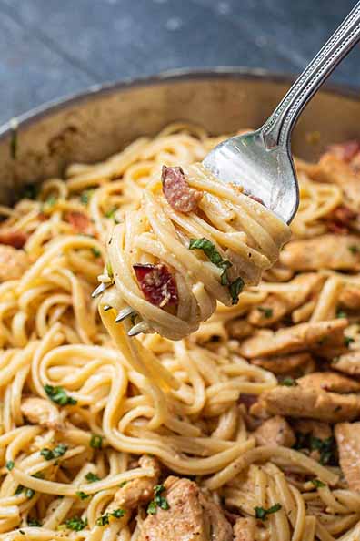 Spaghetti Carbonara on a fork